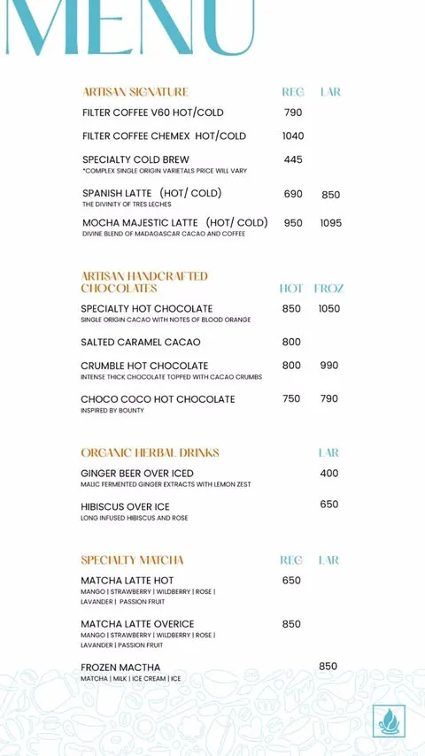 Artisan Coffee Gulberg menu