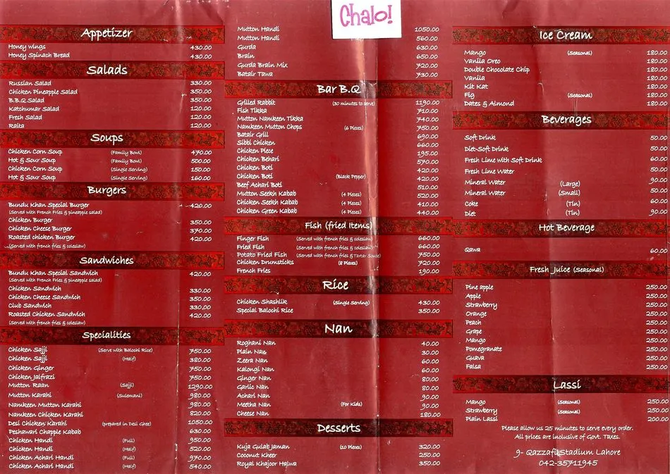 Bundu Khan Sweets & Bakers - Gulberg menu