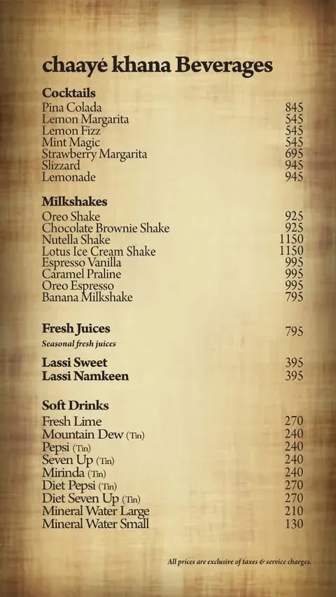 Chaaye Khana Multan menu