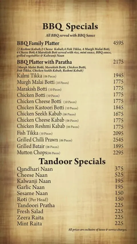 Chaaye Khana Multan menu