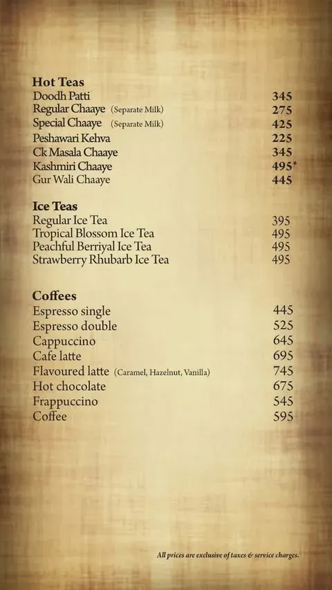 Chaaye Khana Multan menu