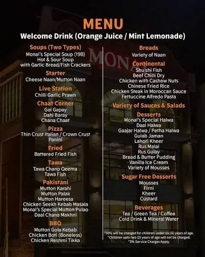 Monal Lahore menu