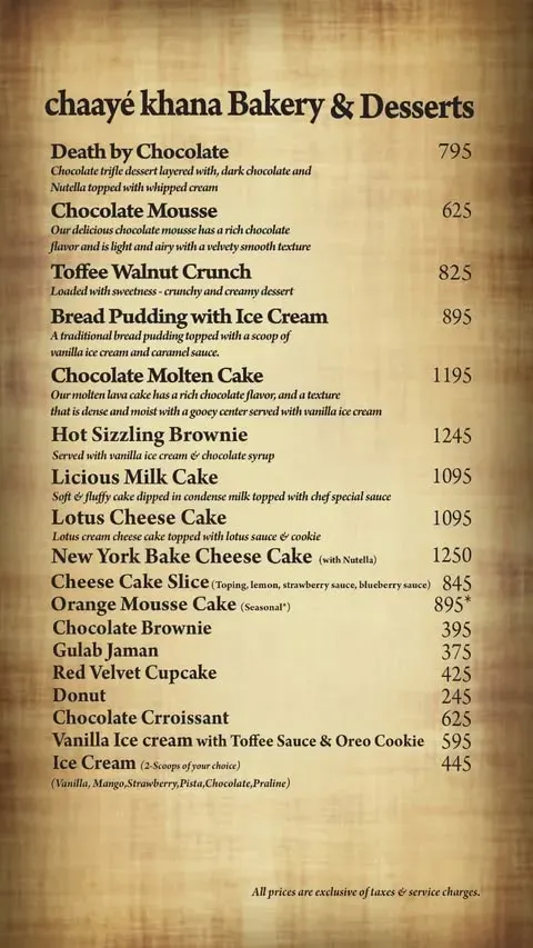 Chaaye Khana Multan menu