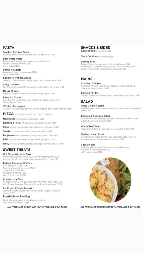 Butlers Chocolate Café menu