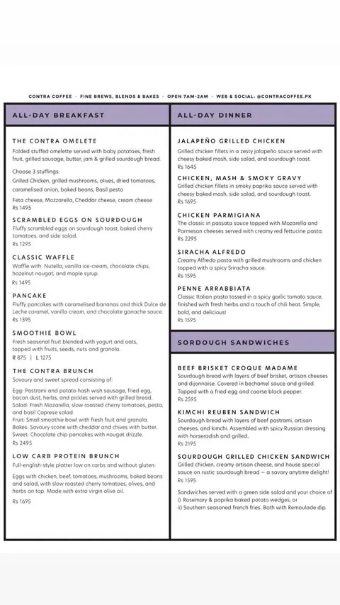 Contra Coffee Shop menu