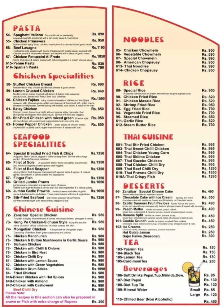Zanzibar Restaurant menu