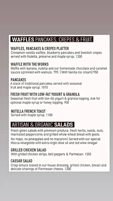 Mocca Coffee menu