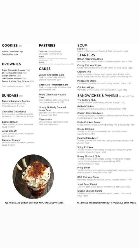Butlers Chocolate Café menu