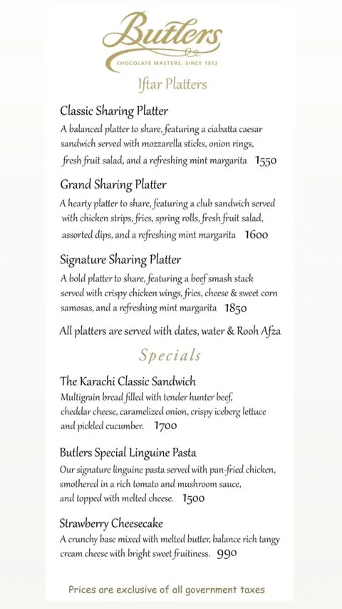 Butlers Chocolate Café menu