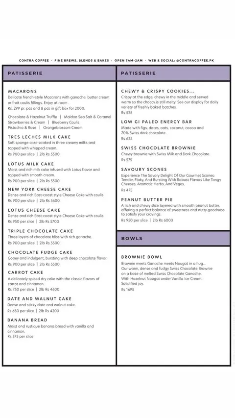 Contra Coffee Shop menu