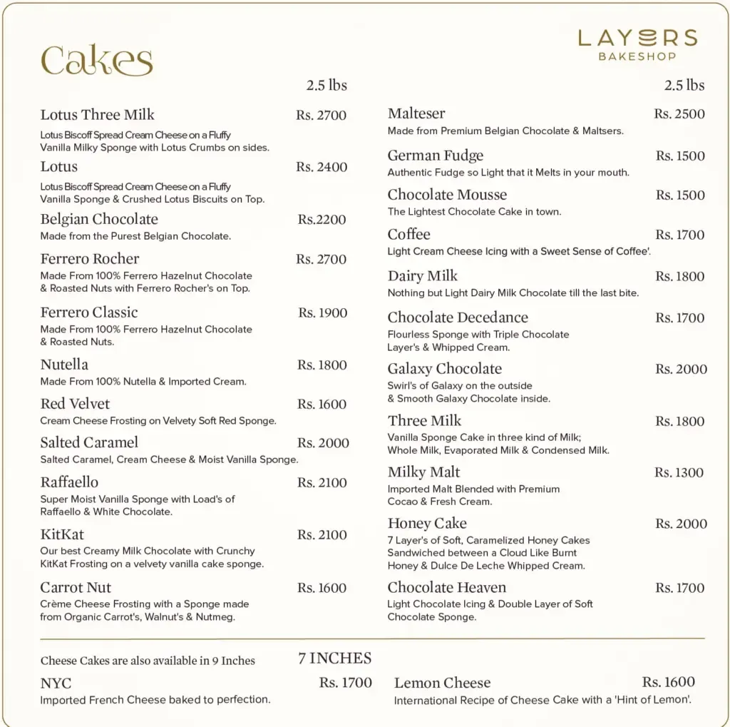 Layers Bakeshop - Zahoor Elahi Road menu