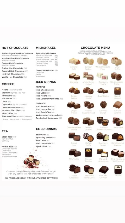 Butlers Chocolate Café menu