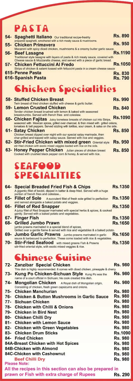 Zanzibar Restaurant menu
