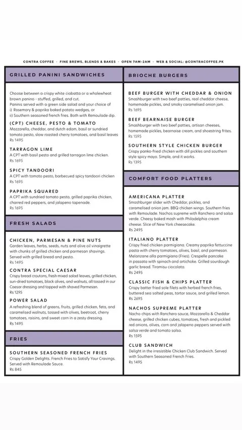 Contra Coffee Shop menu