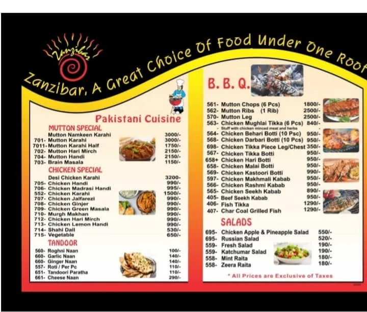 Zanzibar Restaurant menu