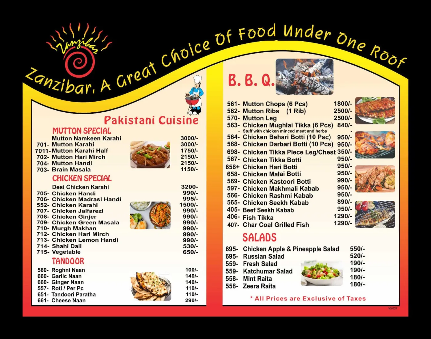 Zanzibar Restaurant menu