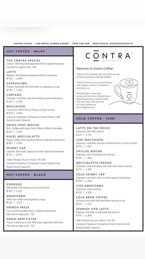 Contra Coffee Shop menu