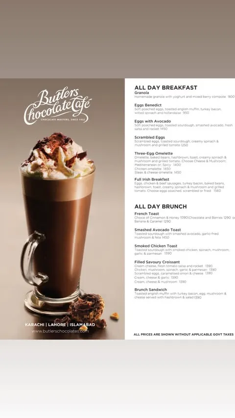 Butlers Chocolate Café menu