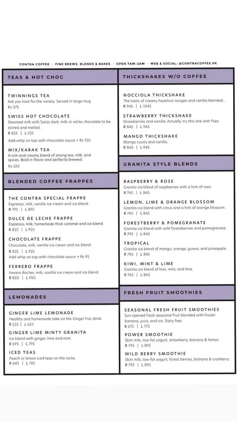 Contra Coffee Shop menu