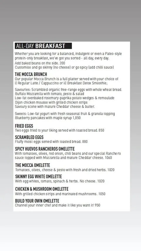 Mocca Coffee menu