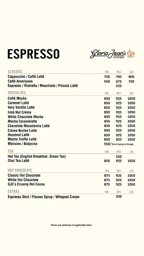 Gloria Jean's Coffees menu
