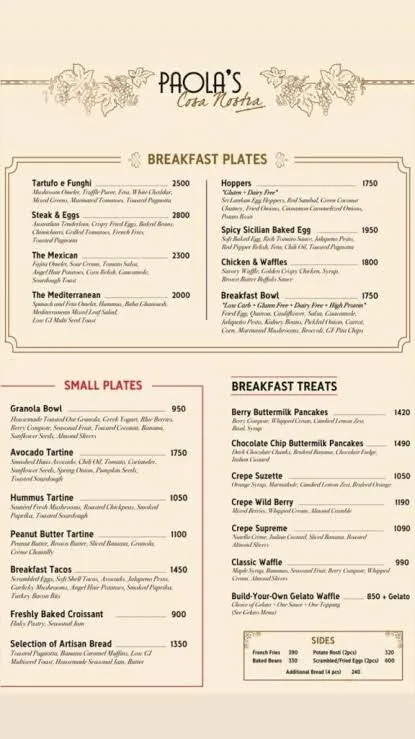 Paola's Cosa Nostra menu