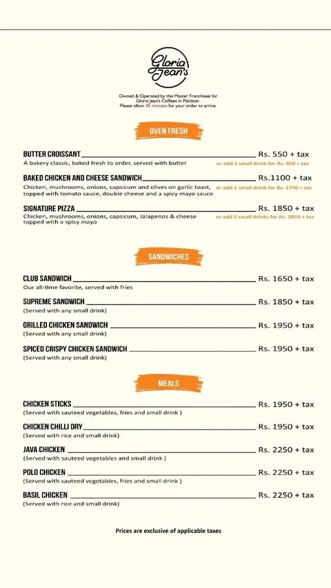 Gloria Jean's Coffees menu