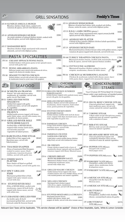Freddy's Café menu