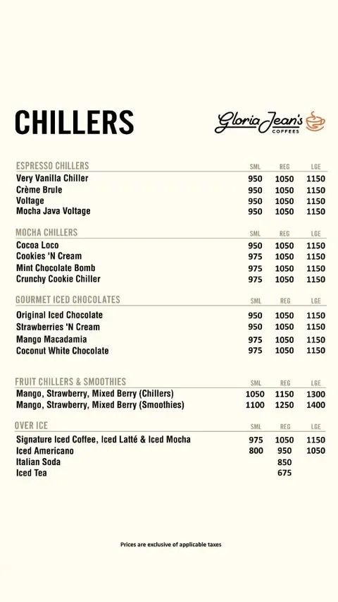 Gloria Jean's Coffees menu