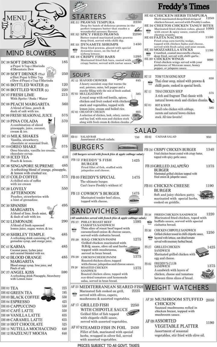 Freddy's Café menu