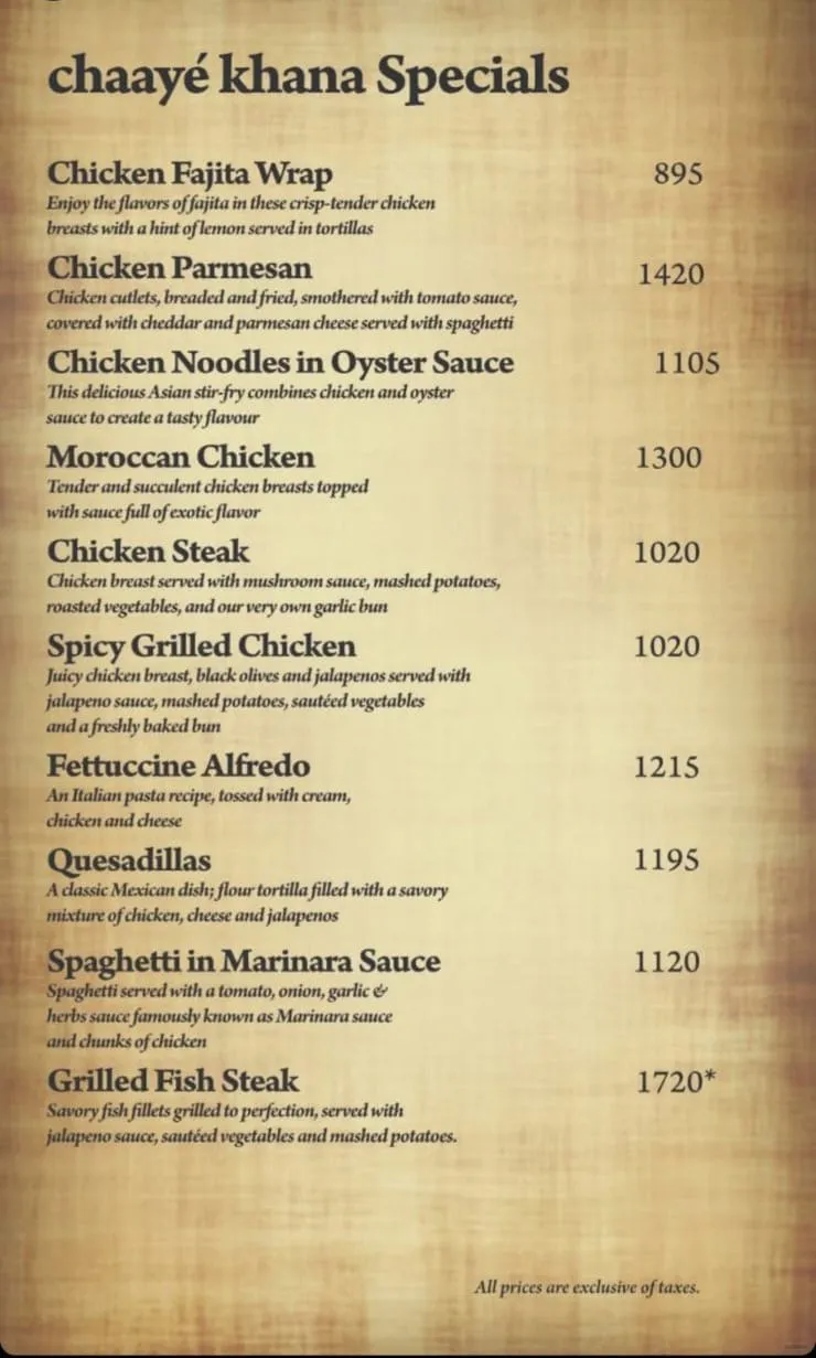 Chaaye Khana Bahria Town menu