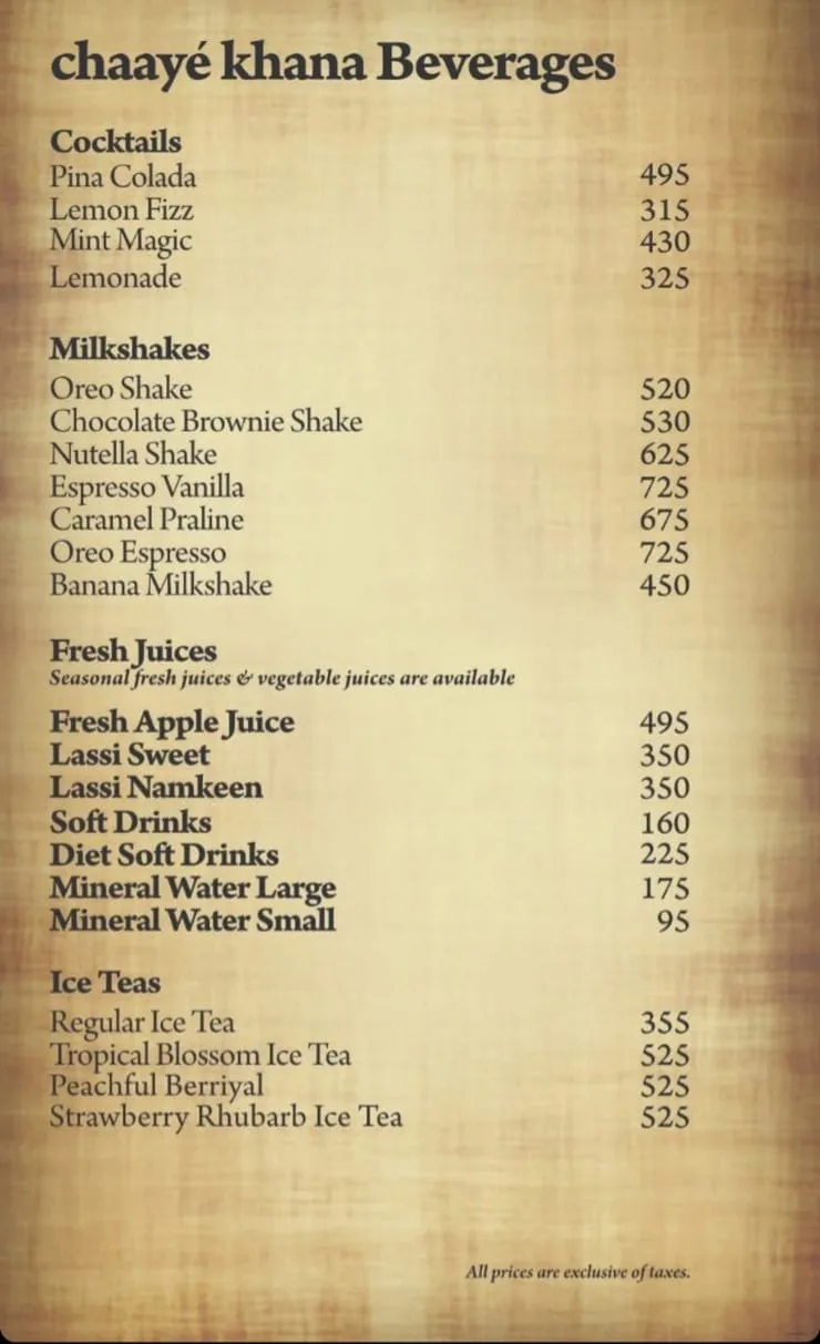 Chaaye Khana Bahria Town menu