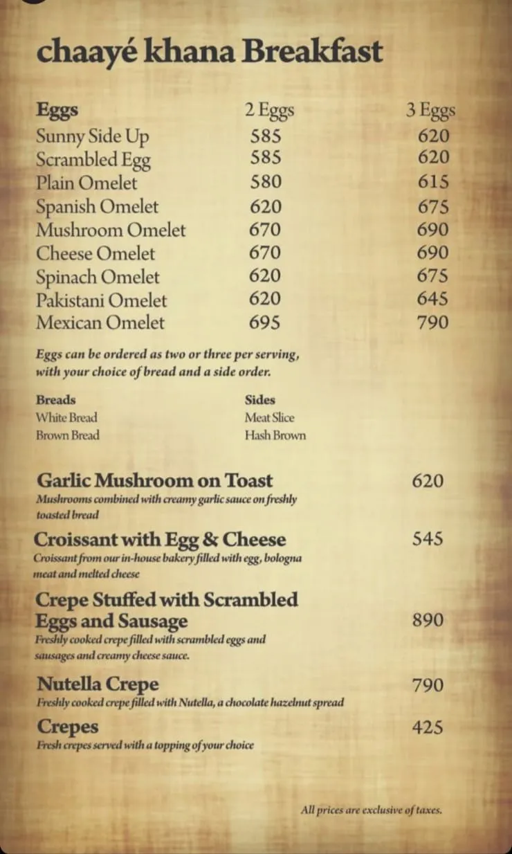 Chaaye Khana Bahria Town menu