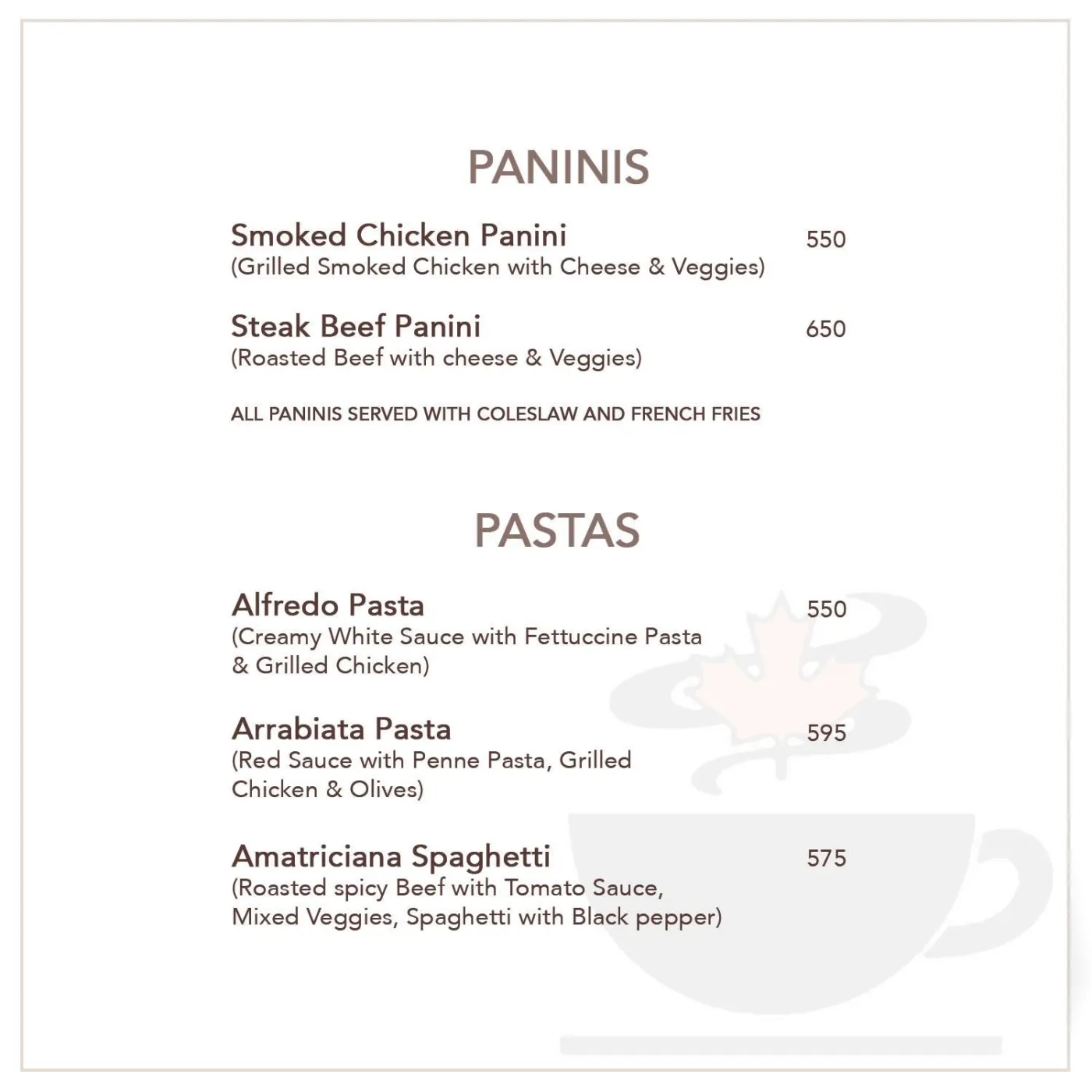 Second Cup Jinnah Park menu