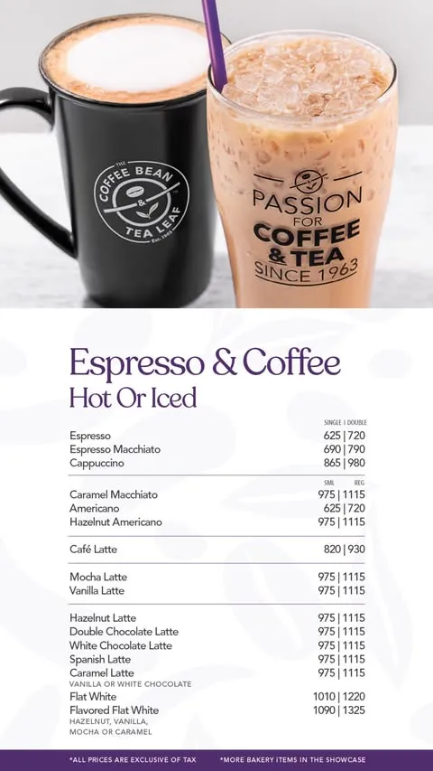 The Coffee Bean & Tea Leaf menu