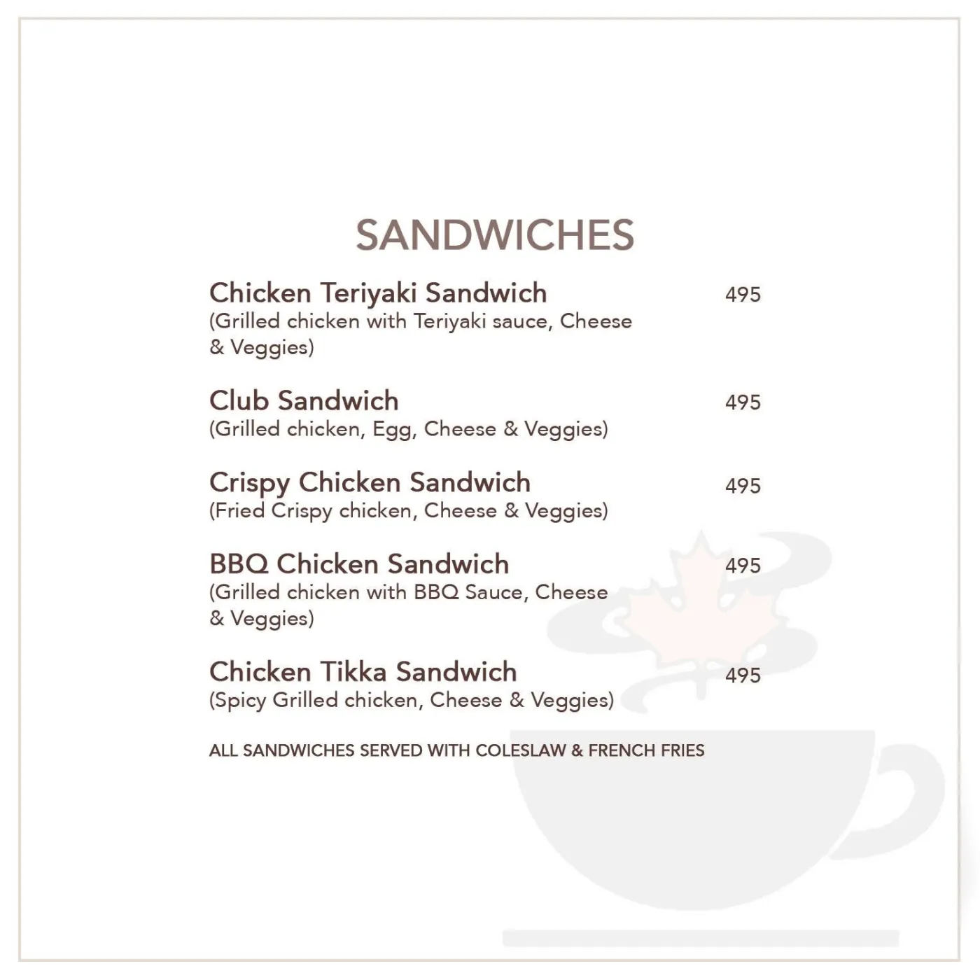 Second Cup Jinnah Park menu