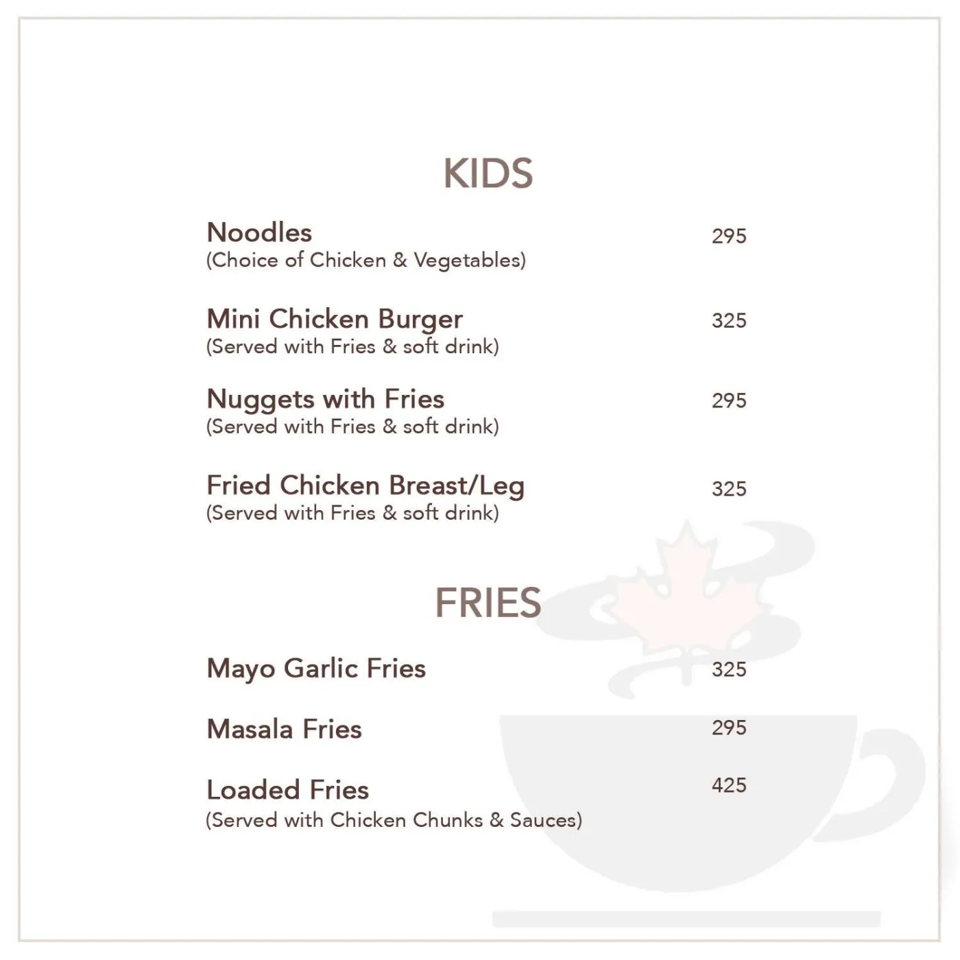 Second Cup Jinnah Park menu