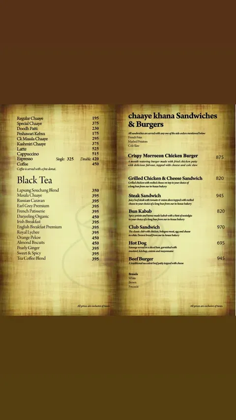 Chaaye Khana Saddar menu
