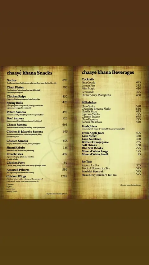 Chaaye Khana Saddar menu
