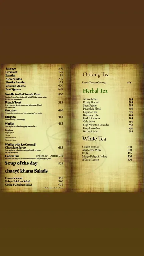 Chaaye Khana Saddar menu