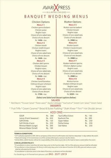 Avari Xpress Gulberg menu