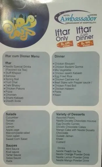 Ambassador Hotel, Lahore-Pakistan. menu