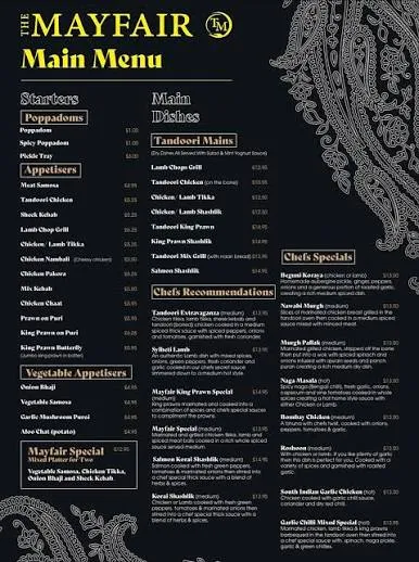 Hotel MayFair menu