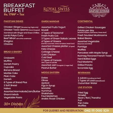Royal Swiss Hotel menu