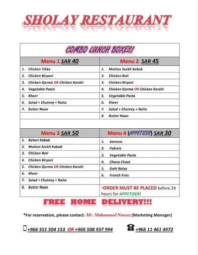 Sholay BBQ menu
