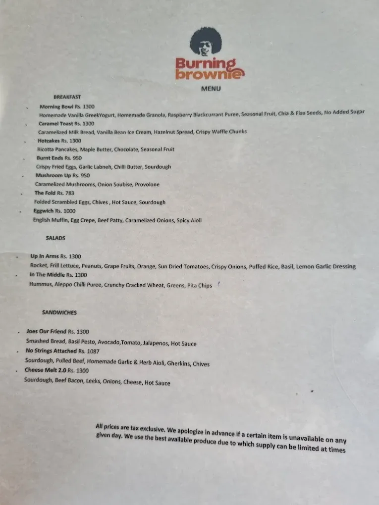 Burning Brownie menu