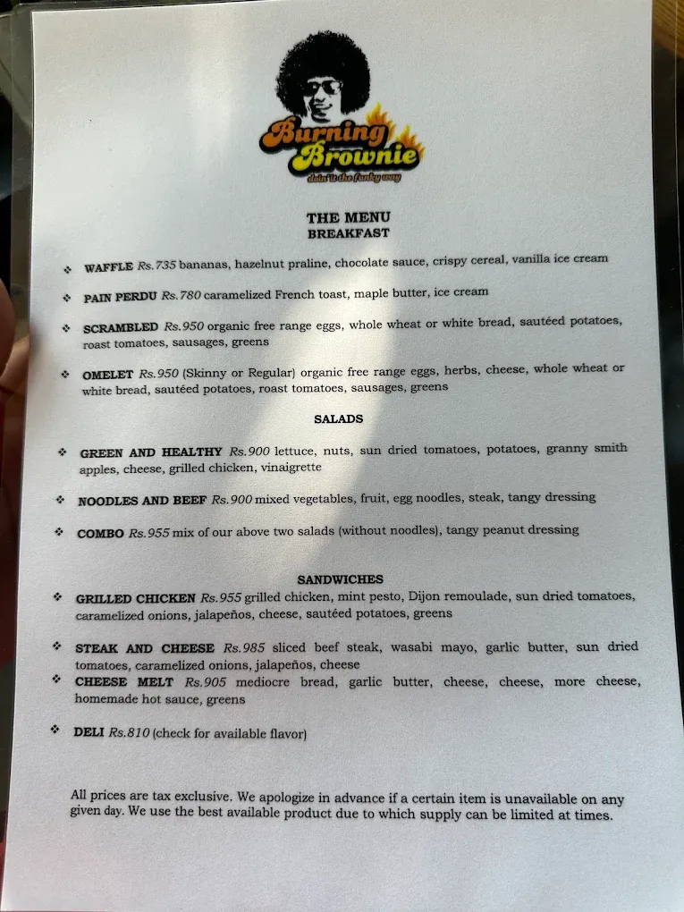 Burning Brownie menu