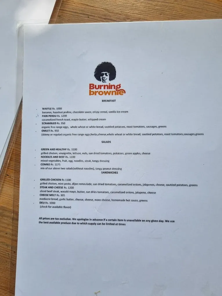 Burning Brownie menu