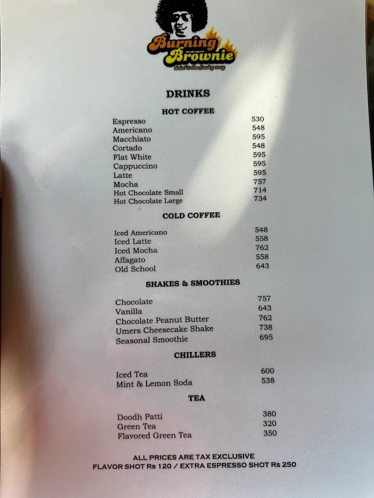 Burning Brownie menu