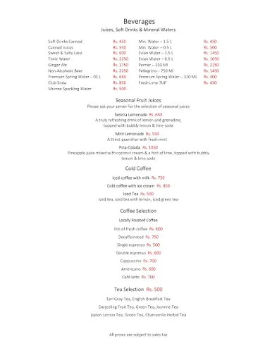 Serena Hotel menu